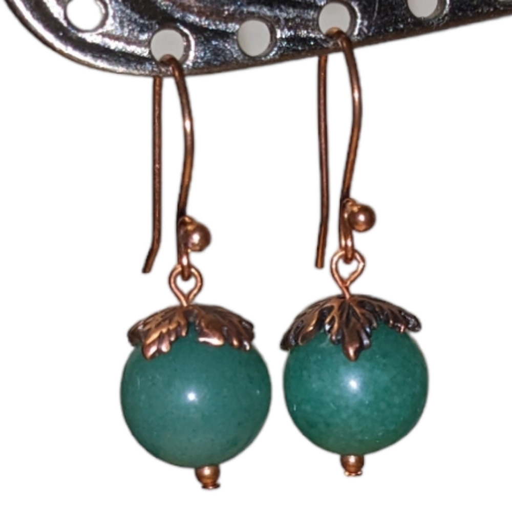Handmade Round Green Aventurine Gemstone Copper Leaf Dangle Earrings